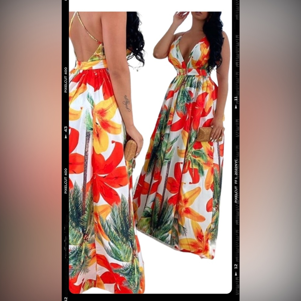 CBR dress maxi - summer Floral /red orange green white colors  size S